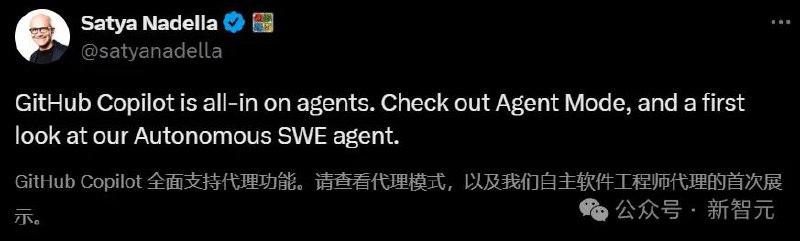 微软官宣All in智能体，SWE Agent首曝光微软正式宣布GitHub Copilot转型为智能体模式，新推出的SWE智能体可实现自主编码、修复bug等高级功能，将编程助手提升至人类程序员水平