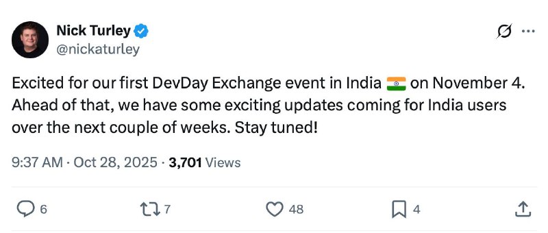  OpenAI 为印度用户提供一年免费 ChatGPT Go 服务OpenAI 宣布自11月4日起，在印度推出限时促销活动，新用户注册即可免费使用 ChatGPT Go 服务一年