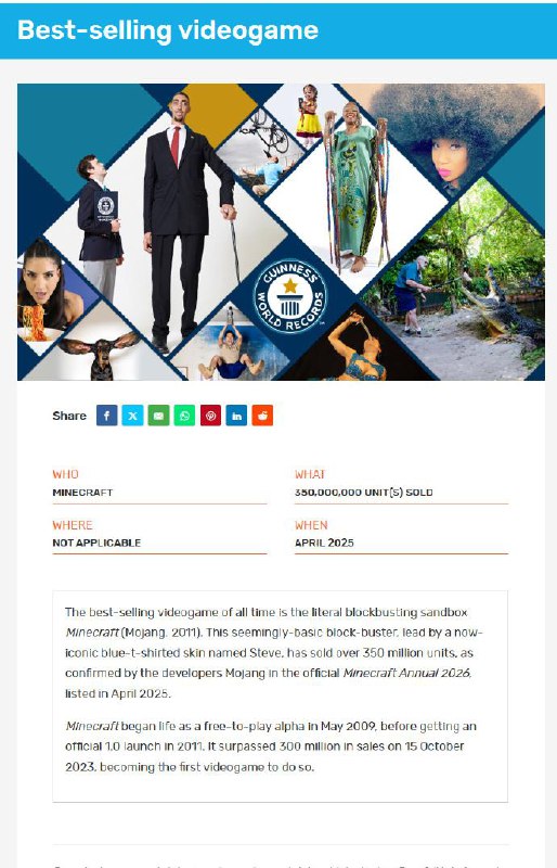 《我的世界》获“最畅销电子游戏”吉尼斯世界纪录，该作销量已突破3.5亿份