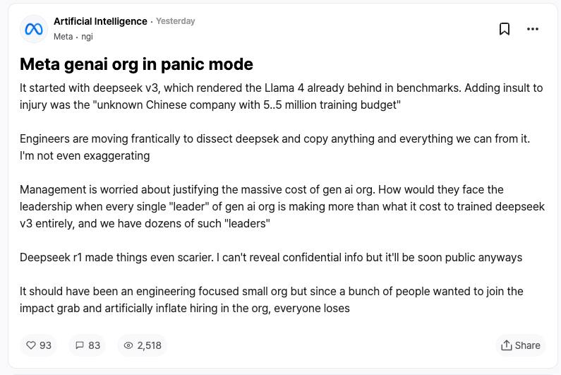 DeepSeekV3训练成本不及Meta高管薪资，DeepSeek使行业质疑千亿美元支出效用1月24号，一条发布在匿名平台teamblind上的帖子疯传