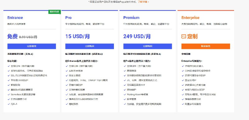 阿里云国际站推出永久免费CDN套餐，支持CNAME分区解析阿里云国际站近期为其边缘安全加速（ESA）服务推出了一个“Entrance”级别的免费套餐，经客服确认，该套餐为永久免费