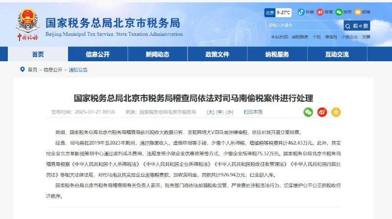 司马南偷税被罚超900万元经查，司马南在2019年至2023年期间，通过隐匿收入、虚假申报等手段，少缴个人所得税、增值税等税费共计462.43万元